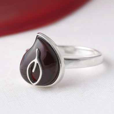 Cherry Amber Teardrop with Silver Leaf Ring
