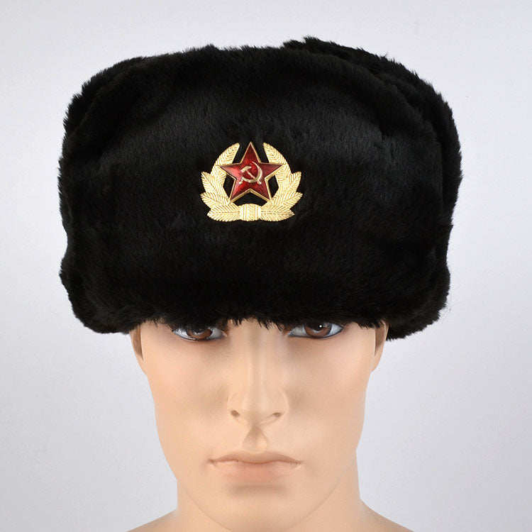 Faux Fur Military Ushanka Hat with Soviet Emblem
