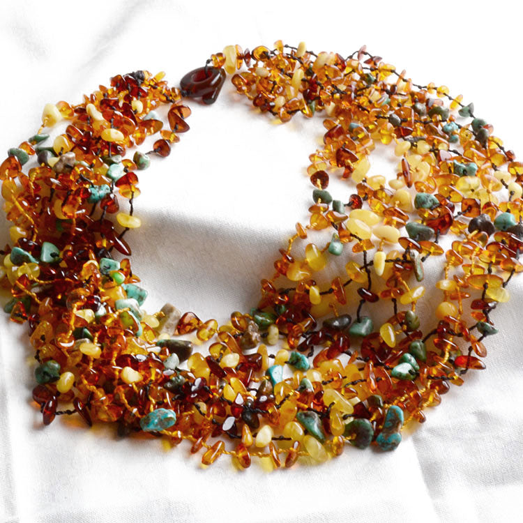 10 Multicolored Strings Amber and Turquoise Necklace