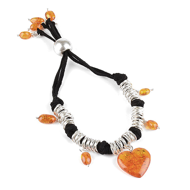 Amber Heart Silver Charm Bracelet