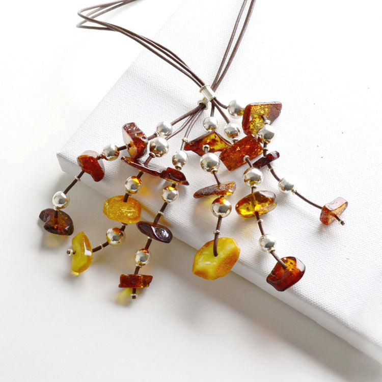 Amber & Silver Cluster Necklace