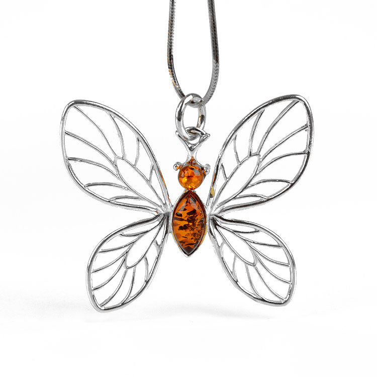 Silver Butterfly With Amber Pendant