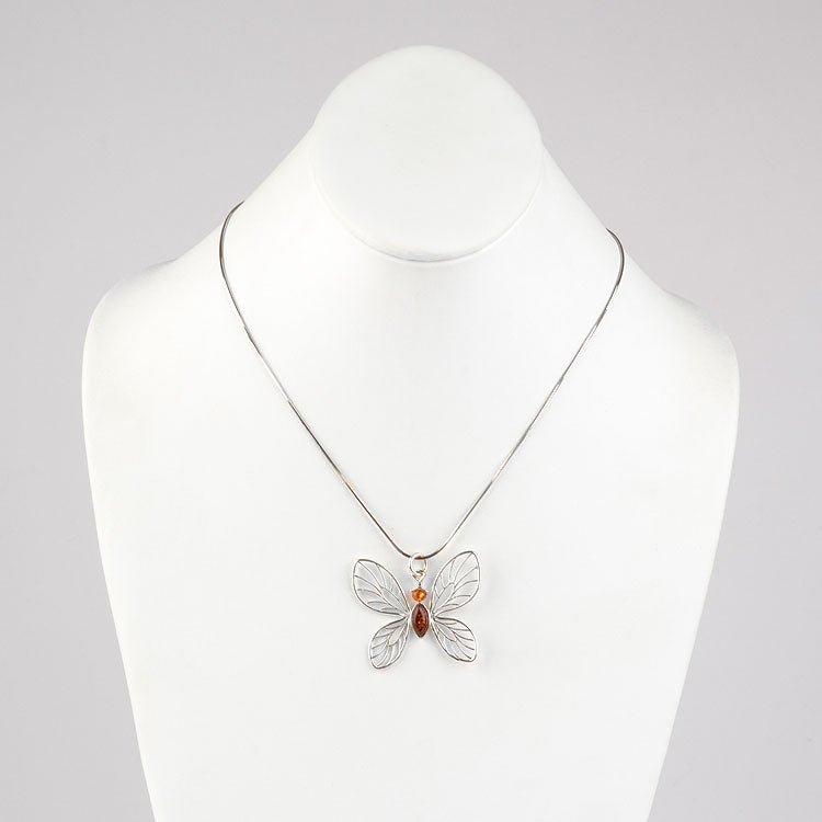 Silver Butterfly With Amber Pendant