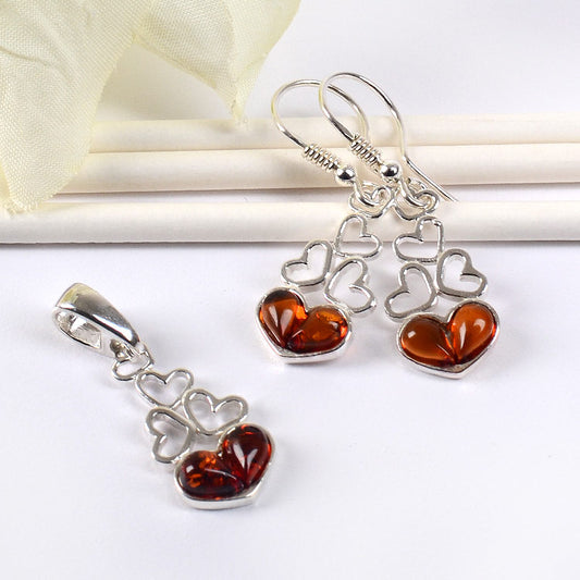 Amber with Silver Hearts Jewelry Set