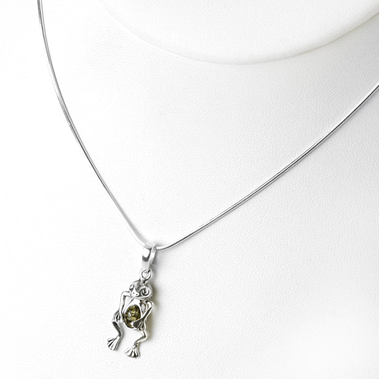 Tiny Frog Amber and Silver Pendant