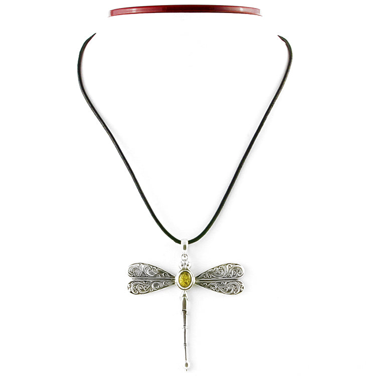 Large Silver Green Amber Dragonfly Necklace