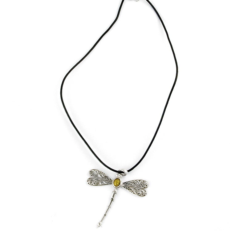 Large Silver Green Amber Dragonfly Necklace