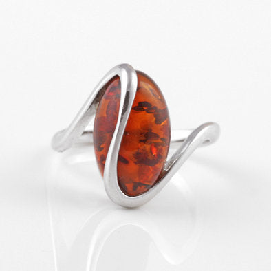 Silver Squiggle Cognac Amber Ring