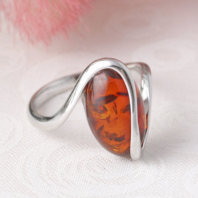 Silver Squiggle Cognac Amber Ring