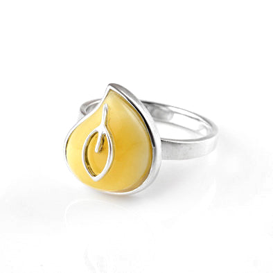 Butterscotch Amber Teardrop with Silver Leaf Ring