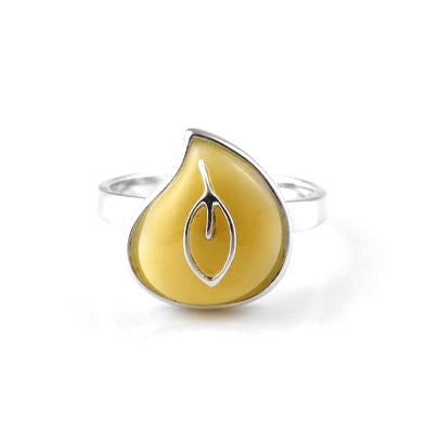 Butterscotch Amber Teardrop with Silver Leaf Ring