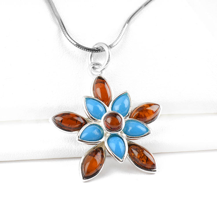 Amber & Turquoise Flower Pendant