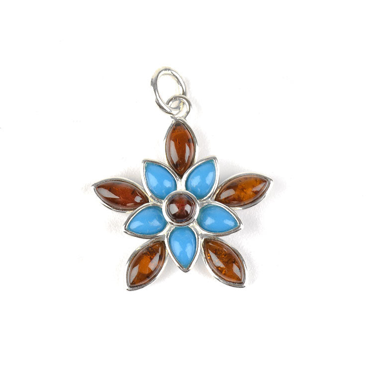 Amber & Turquoise Flower Pendant
