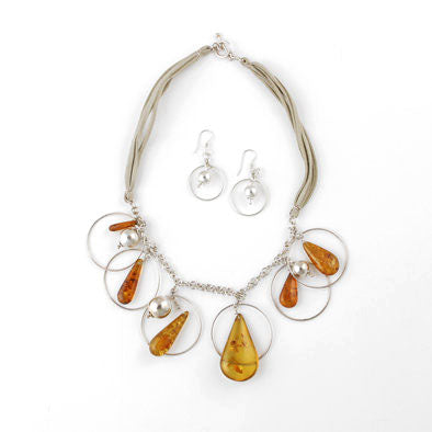 Amber & Silver Designer Necklace and Earrings Set