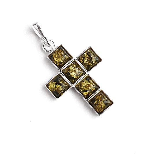 Unisex Green Amber Cross Pendant