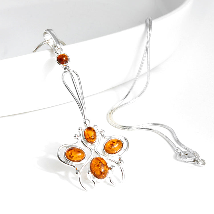 Floral Filigree Amber Silver Pendant