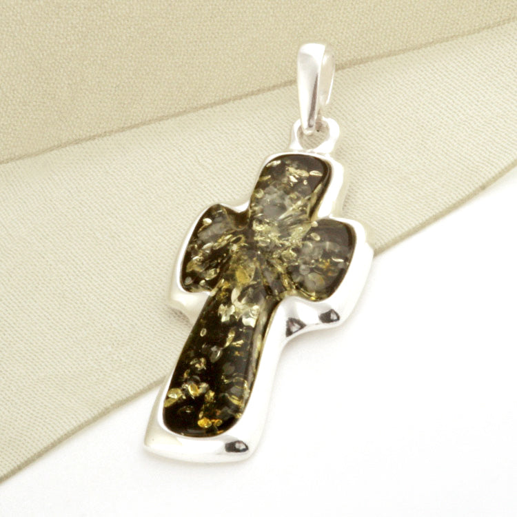 Green Unisex Amber Cross Pendant