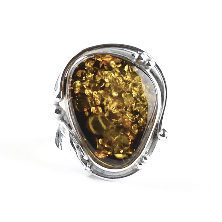Green Amber Silver Lilly Design Ring
