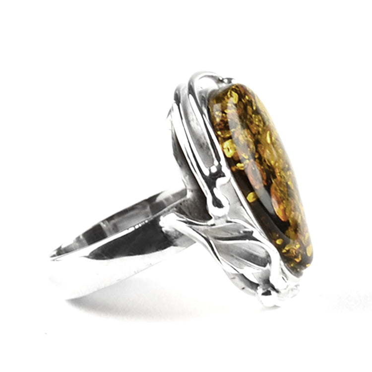 Green Amber Silver Lilly Design Ring