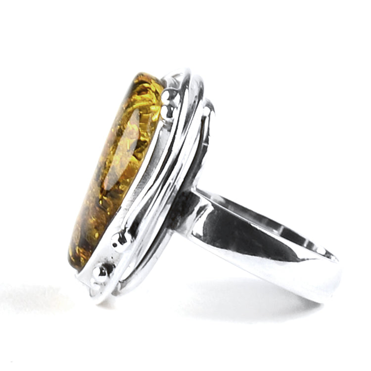 Green Amber Silver Lilly Design Ring