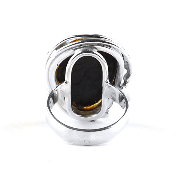 Green Amber Silver Lilly Design Ring