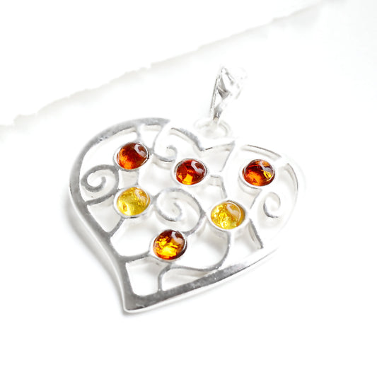 Silver Heart Filigree With Amber Pendant
