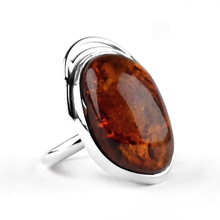 Cognac Baltic Amber Ring In 925 Sterling Silver – Round Gemstone – Gift Boxed
