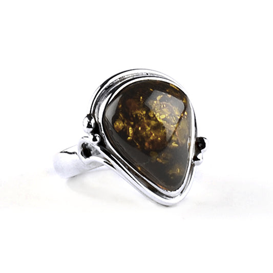Ornate Green Amber & Silver Ring