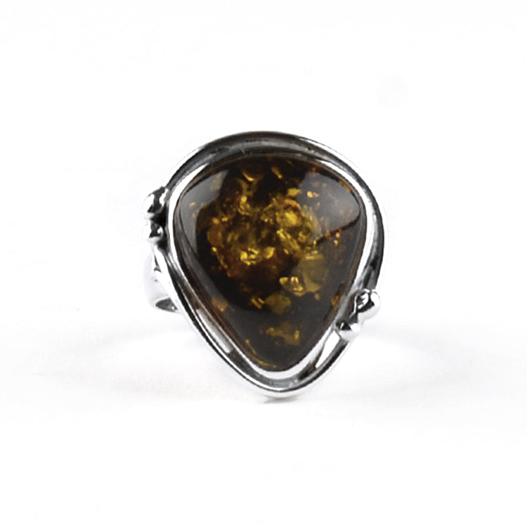 Ornate Green Amber & Silver Ring