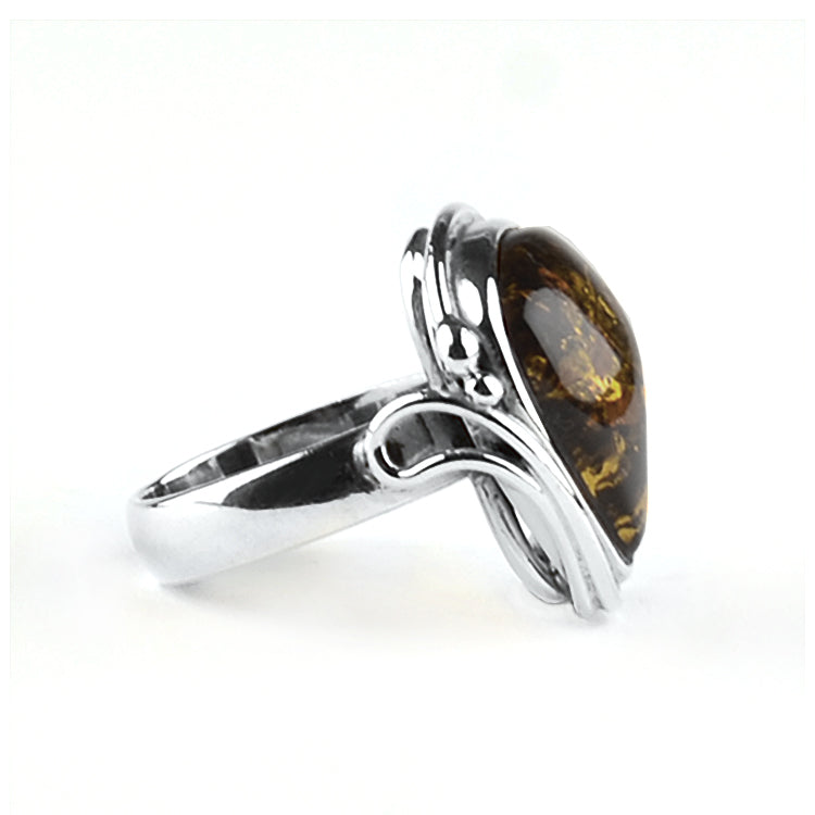 Ornate Green Amber & Silver Ring
