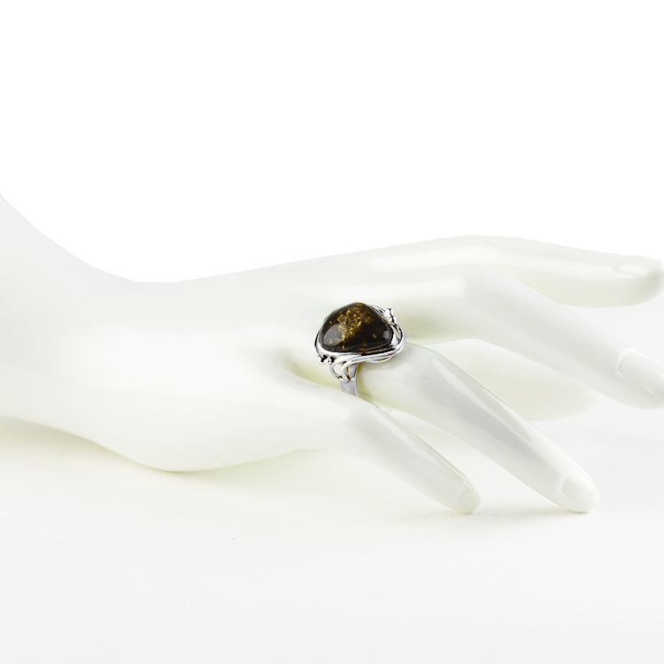 Ornate Green Amber & Silver Ring