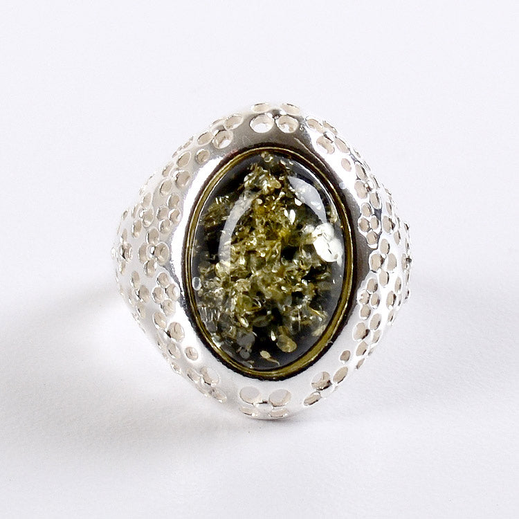 Silver & Green Amber Oval Ring