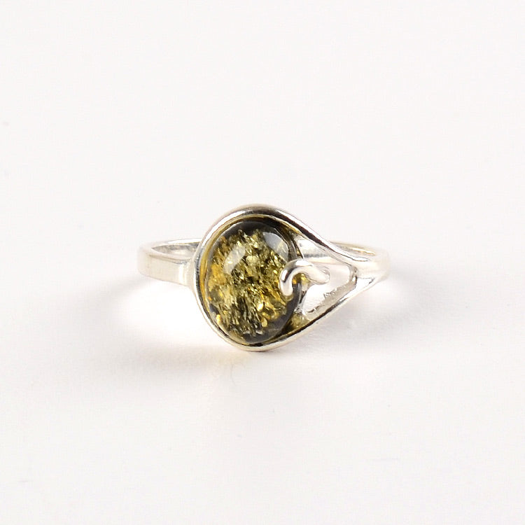 Green Amber in Silver Ring
