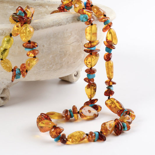 28" Amber And Turquoise Nuggets Necklace