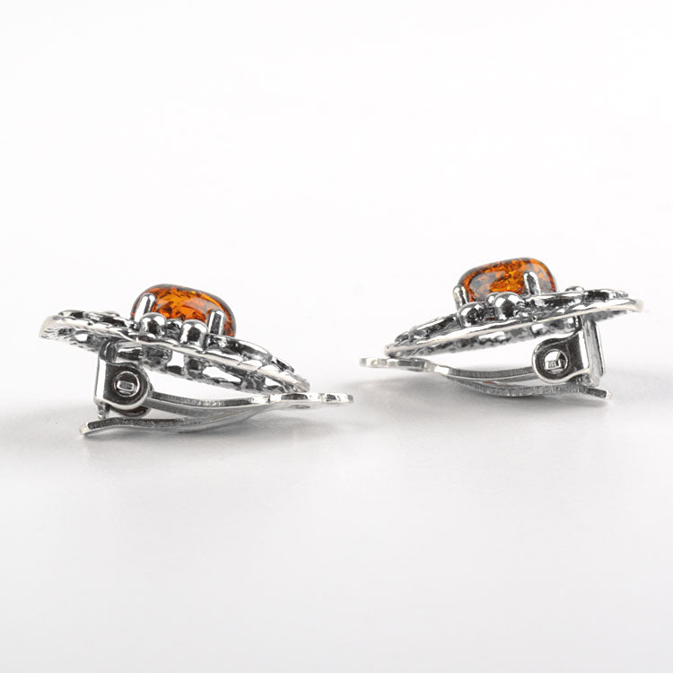 Dainty Amber & Silver Clip On Earrings