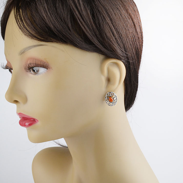 Dainty Amber & Silver Clip On Earrings