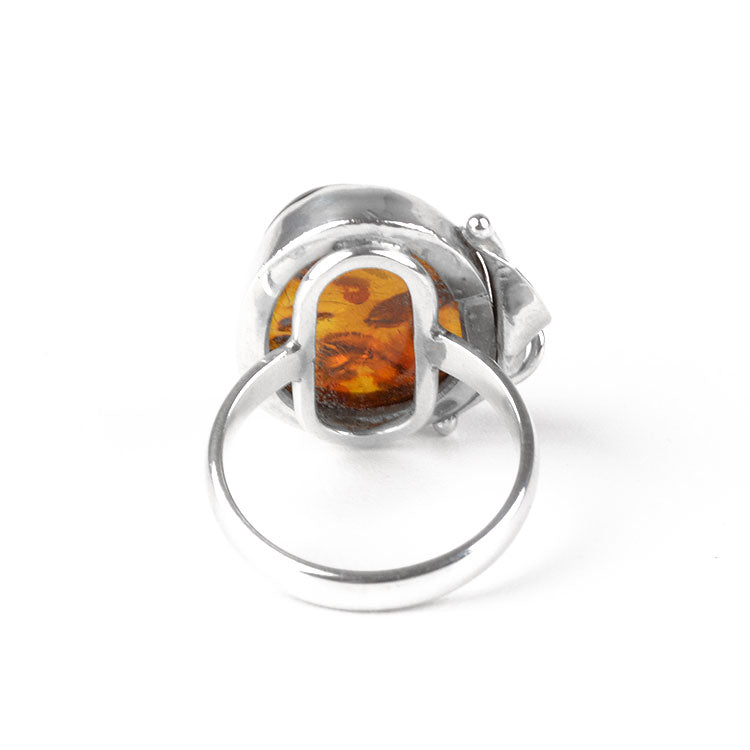 Unique Amber Silver Leaf Ring
