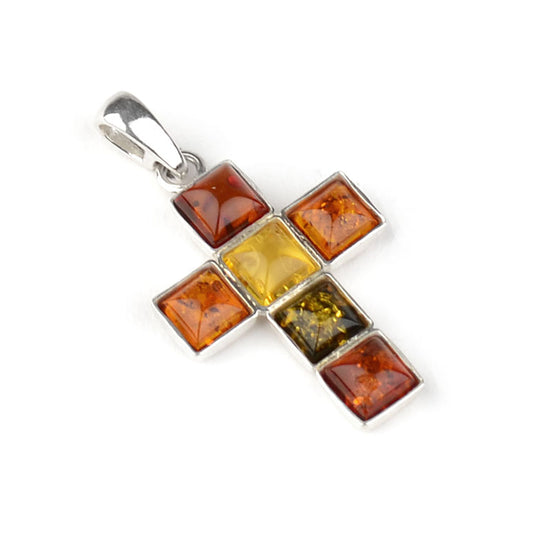 Multicolor Amber Stones Silver Cross