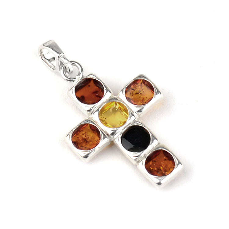 Multicolor Amber Stones Silver Cross