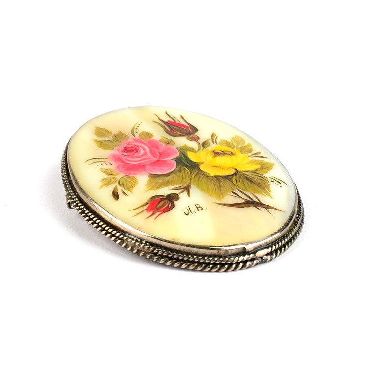Floral Painted Mother of Pearl Brooch