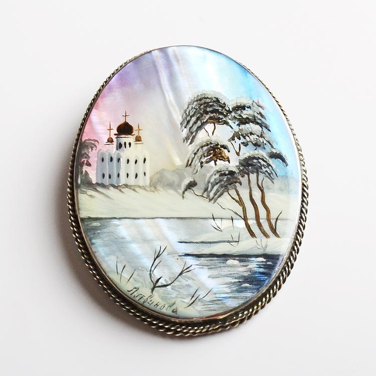 Russian Church Winter Scene Brooch