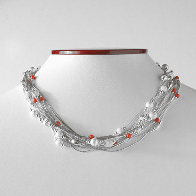 Liquid Silver and Red Coral Multi-strand Necklace