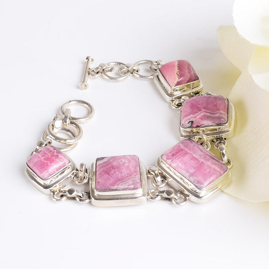 Rhodochrosite Squares Silver Bracelet