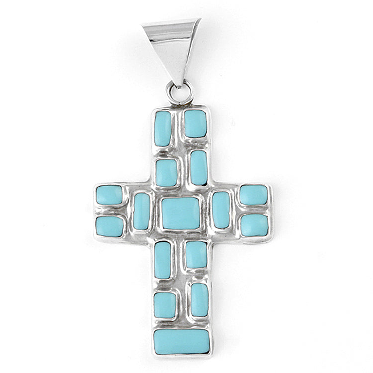 Mosaic Turquoise and Silver Cross Pendant