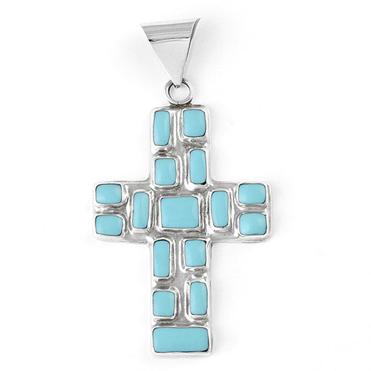 Mosaic Turquoise and Silver Cross Pendant