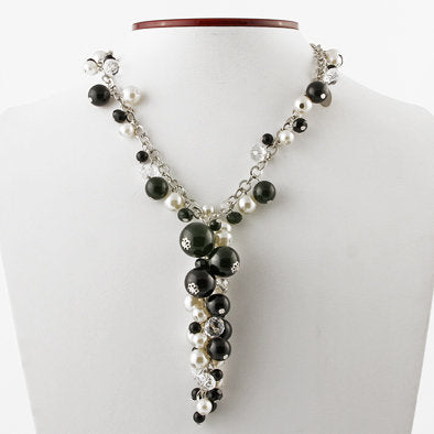 Faux Pearl, Onyx, and Crystal Beaded Drop Necklace and Earrings Set