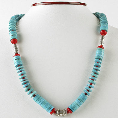 Kingman Turquoise and Red Coral Necklace