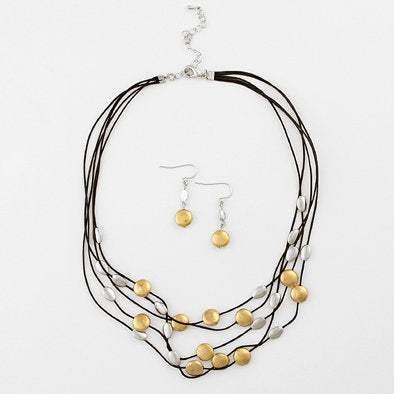 Gold and Silver Drops Layered Necklace and Earrings Set