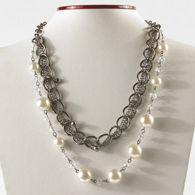 Faux Pearl and Crystal Layered Chain Necklace and Earrings Set