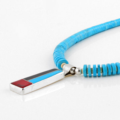 Turquoise Necklace with Multi Stone Inlay Pendant